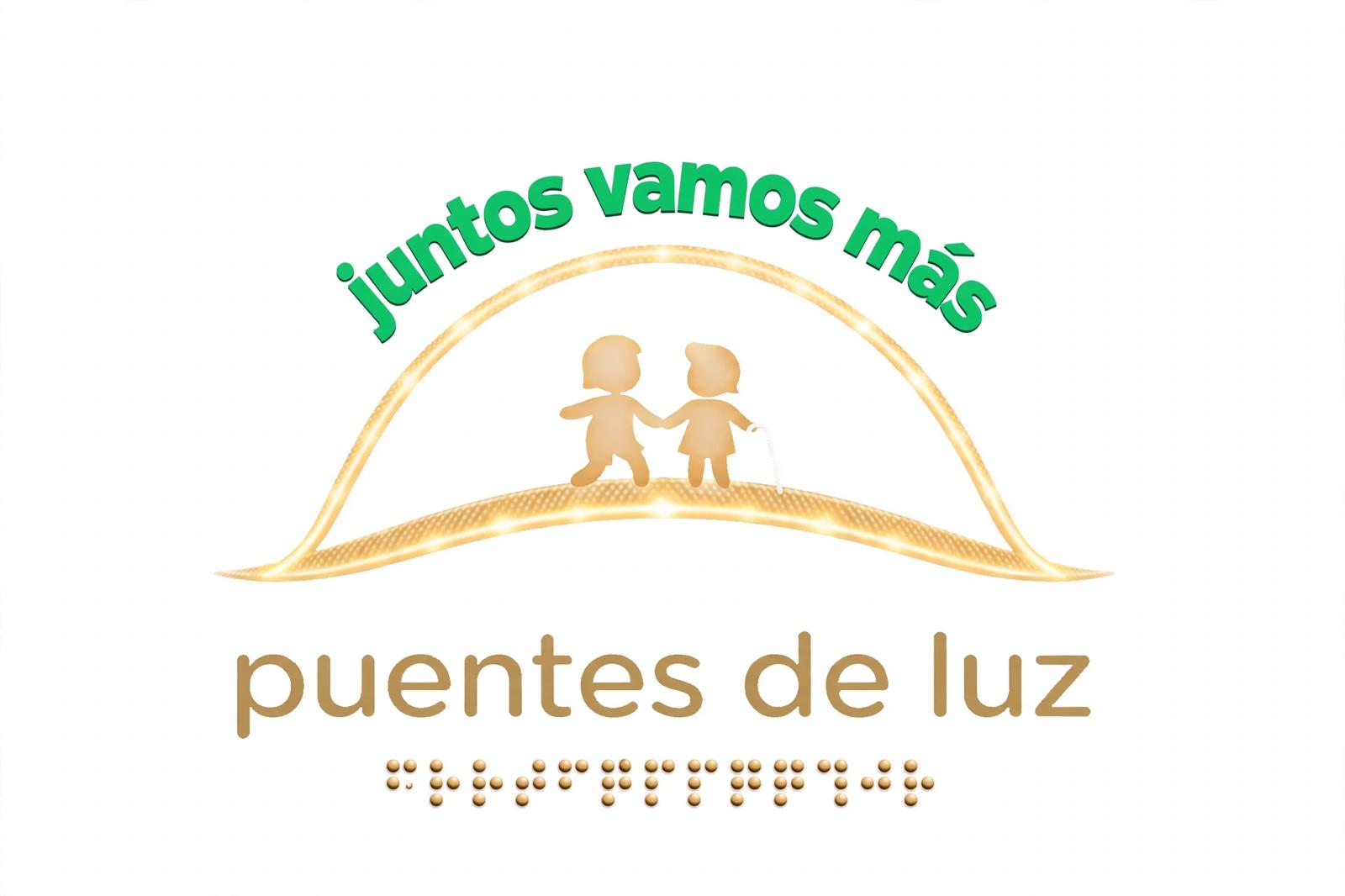 Logo original Puentes de Luz: două personaje ținându-se de mână pe un pod auriu, sub textul Juntos vamos más.